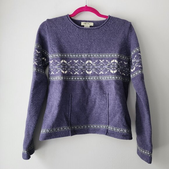 Eddie Bauer Vintage Fair Isle Lambs Wool Sweater | Small | Purple Cream Gray - Picture 1 of 9